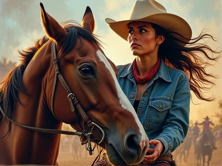 Close-up shot of a rodeo cowgirl and her horse. Focus on their emotional connection just before a critical maneuver. Soft focus background of motion and color. Emphasize anticipation and focus with expressive lines and emotive colors. Highlight the bond between rider and animal.