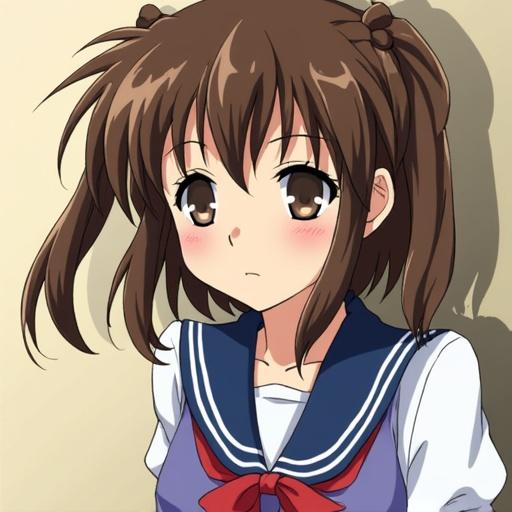 Anime character with brown hair and a school uniform. Character looking to the side with a neutral expression. Simple background in light color. Character has hair ties and a sailor-style collar.