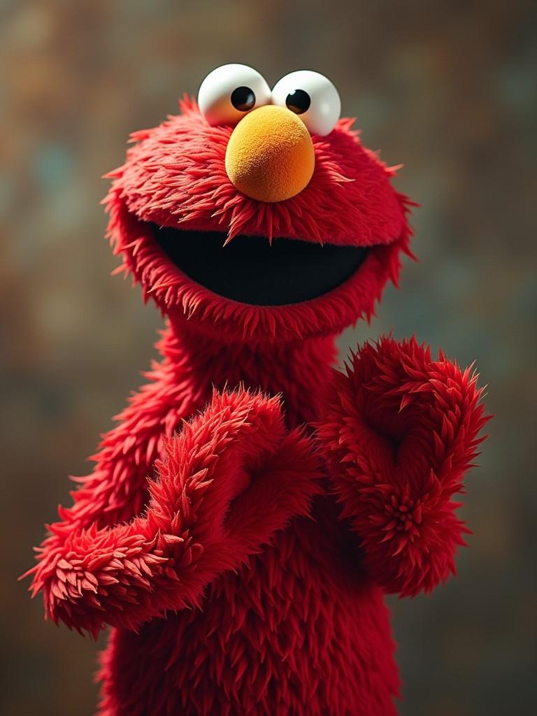 A furry red monster character with a big smile. Character has large eyes and an orange nose. Background is softly blurred.