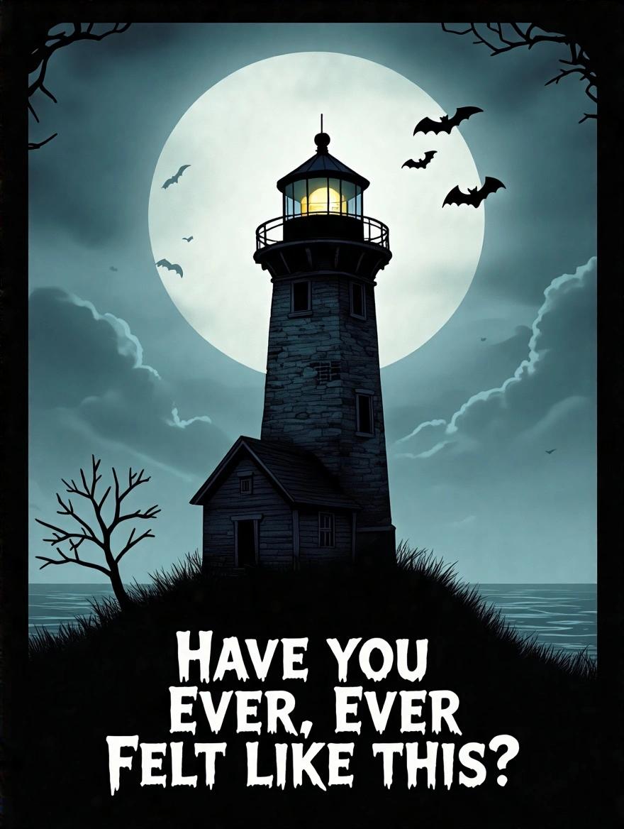 A spooky lighthouse stands ominously. The moon looms large in the background. Dark clouds frame the scene. Bats fly in the night sky. The text at the bottom reads, 'Have you ever, ever felt like this?'