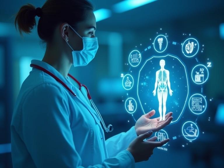 Medical professional interacts with holographic AI interfaces. Health symbols and human anatomy displayed. Soft blue tones enhance futuristic atmosphere. Focus on innovation in healthcare technology.