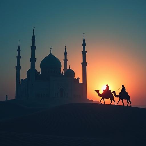 Cinematic double exposure of mosque with a camel caravan in the desert. Dark blue evening atmosphere. Dramatic sunset in background with warm tones. Evokes emotions of introspection and spirituality. Image is high detail and 8K resolution.