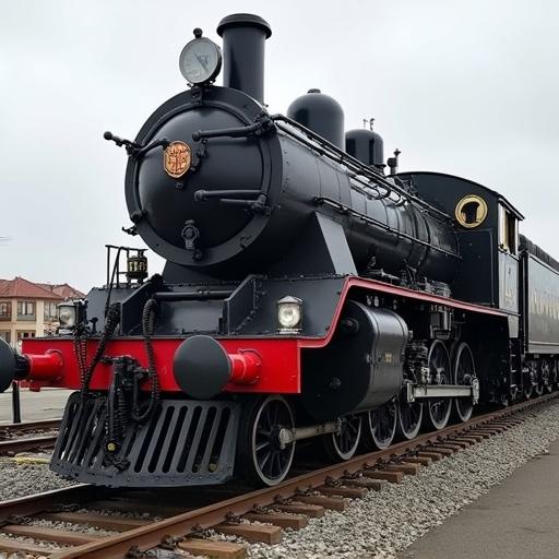A heavy steam locomotive with a cannon-like design. The train is positioned on the tracks with a clear view of its front. The body is black with red and silver details, surrounded by cloudy weather.