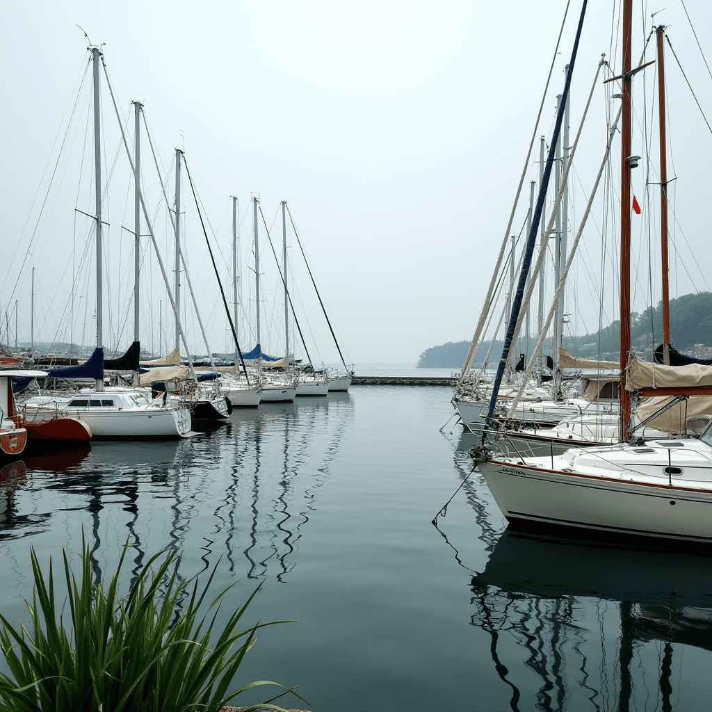 A peaceful marina scene with several sailboats docked on calm waters, their masts reflecting in the water under an overcast sky.