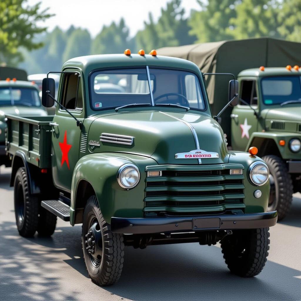 Truck features a green body with an iconic red star. There are multiple military vehicles in the background under soft daylight.