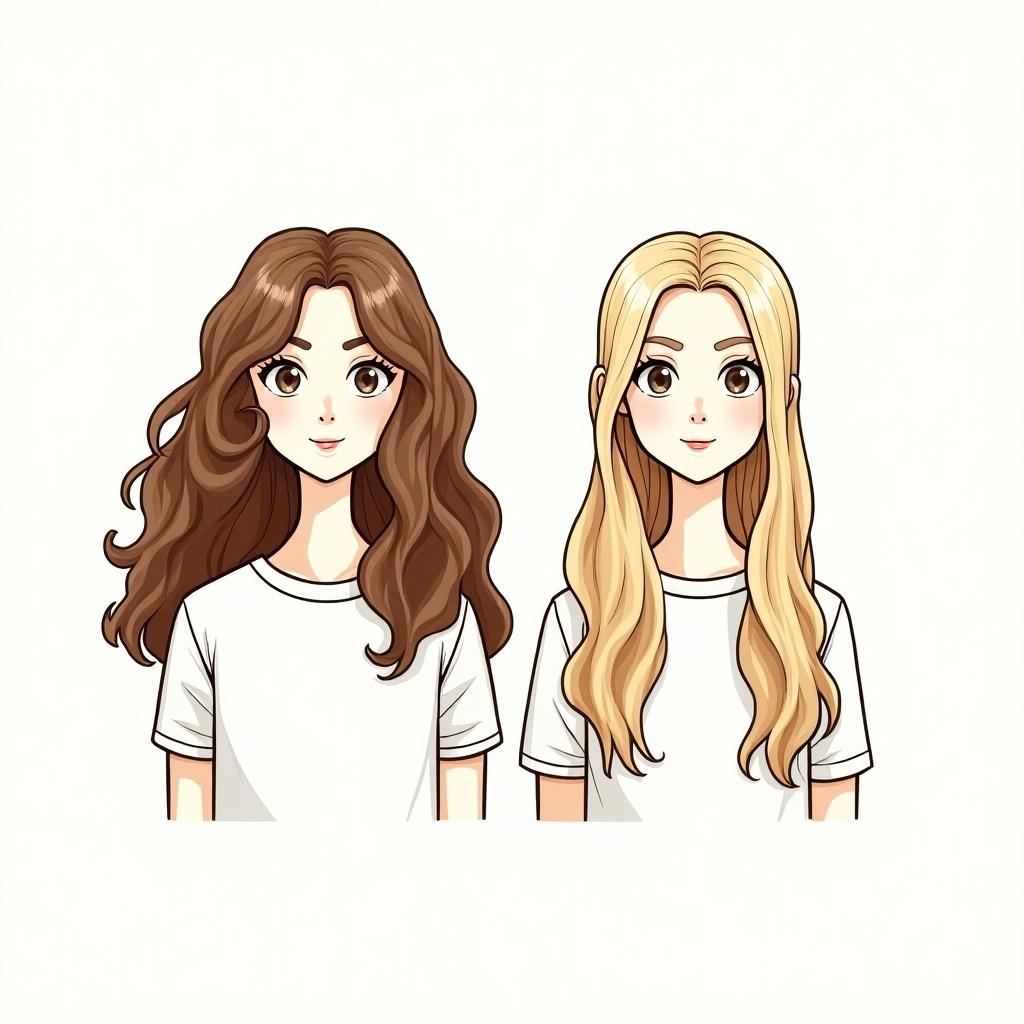 Line art showing two girls aged around 12. One girl has wavy curly brown hair. The other has long straight blonde hair.