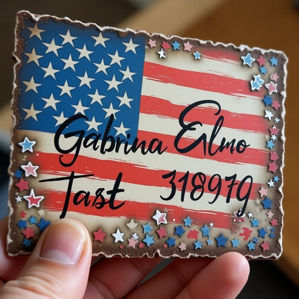 This image showcases a novelty ID card featuring a beautifully illustrated American flag as the background. The name 'Gabriel Elmo' is elegantly scripted on the front, giving it a personalized touch. Below the name, the fictional birthday '31/05/1993' is displayed in a bold font. Colorful stars accentuate the border, enhancing the festive appearance. The card appears to be sturdy, with unique edges that add to its charm. This ID could be perfect for themed events or as a fun gift.