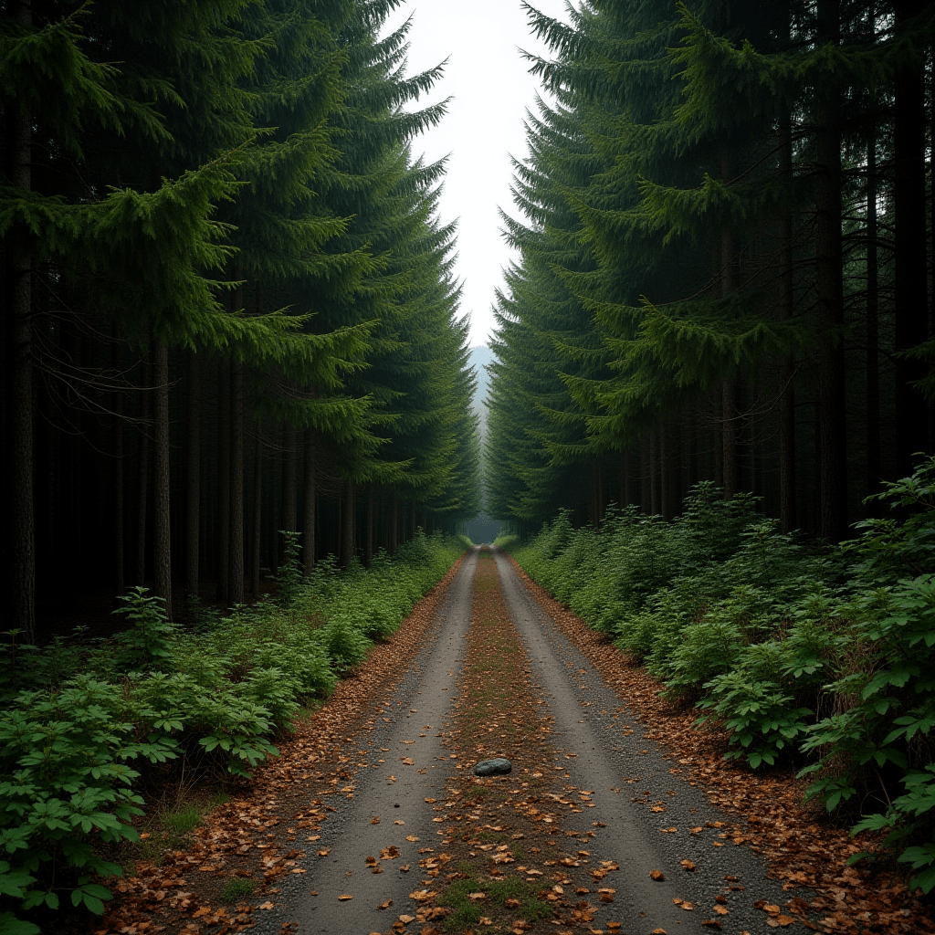 A narrow, straight forest path flanked by towering evergreen trees forms a symmetrical canopy of lush foliage.