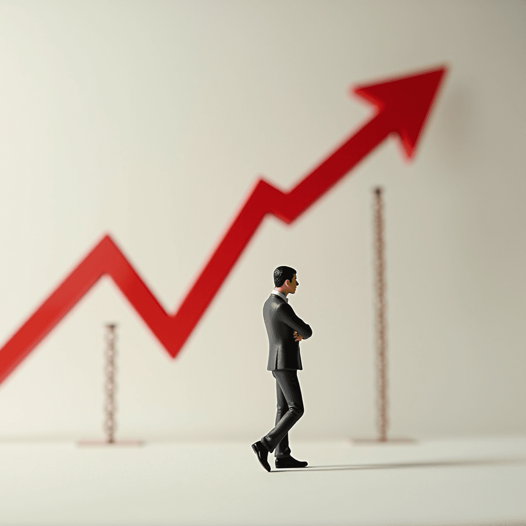 A businessman walks contemplatively in front of a rising red graph arrow symbolizing growth.