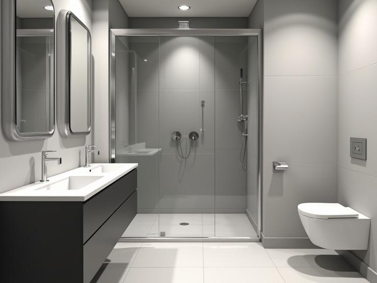 Compact modern bathroom features a central walk-in shower with clear glass panel two minimal basins and mirrors on the left wall-mounted toilet on the right matte gray and white tiles centered wide angle view soft lighting and clean realistic design