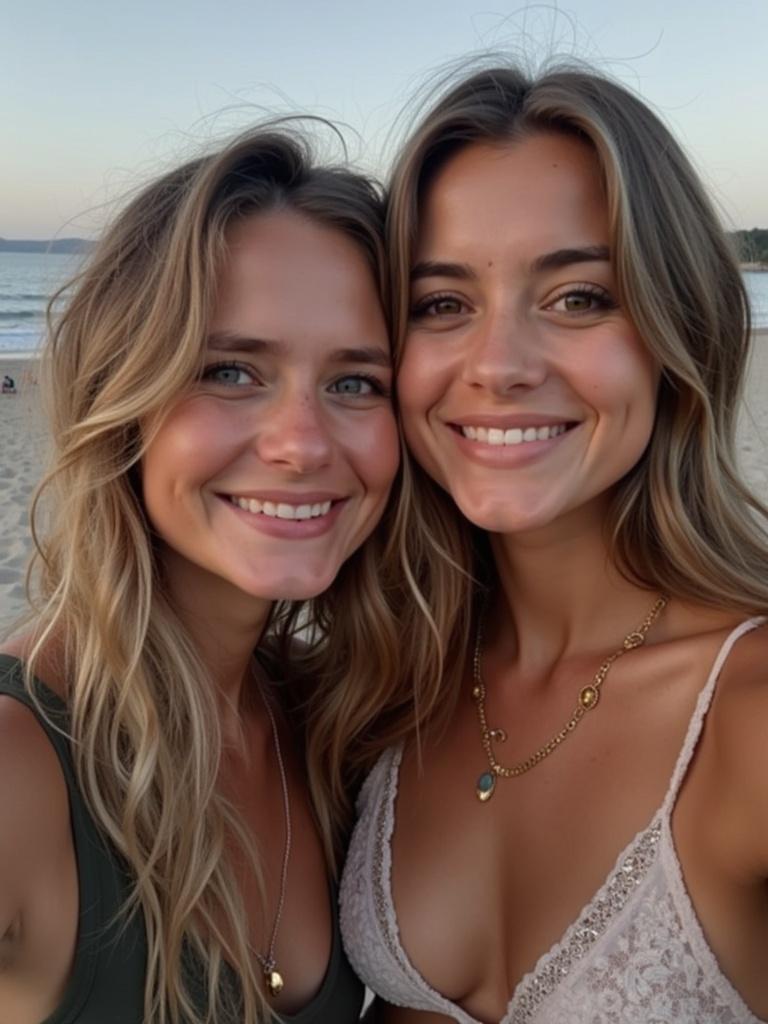 Two individuals standing on the beach. They wear stylish swimwear. The background features an ocean view during sunset.