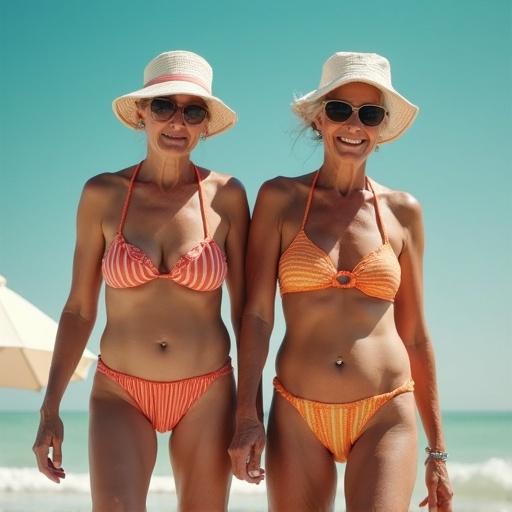 Two elderly women on the beach. They wear small red and yellow bikinis. They are sunbathing facing forward. The background shows a clear sky and ocean. The scene is photorealistic and captures the essence of Vietnam.