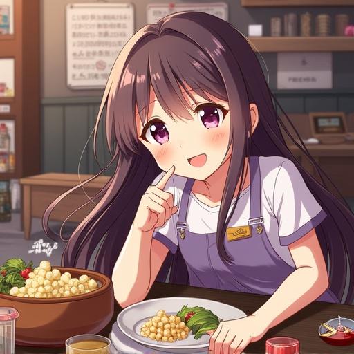 Character sitting at a table with Japanese food. Character has brown hair and purple eyes. Smiling expression shows enjoyment while gesturing. Traditional Japanese kanji on clothing. Background features a cozy restaurant atmosphere.