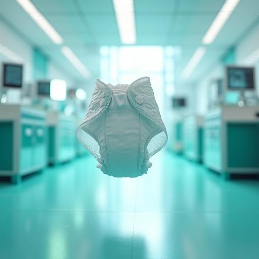 Futuristic scene in a clean white and turquoise medical lab. A baby diaper is floating in the air. It is surrounded by holograms. One hologram shows soft feathers. Another shows layers of the diaper.