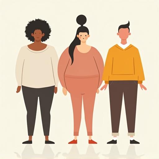 Minimalist flat vector illustration featuring diverse human characters. Include characters with different body types and shapes like fat, chubby, slim, tall, and squat. Use exaggerated silhouettes. Show simplified everyday clothing in muted colors. No hyperrealism or fashion-forward outfits. Incorporate clean shapes and playful postures.