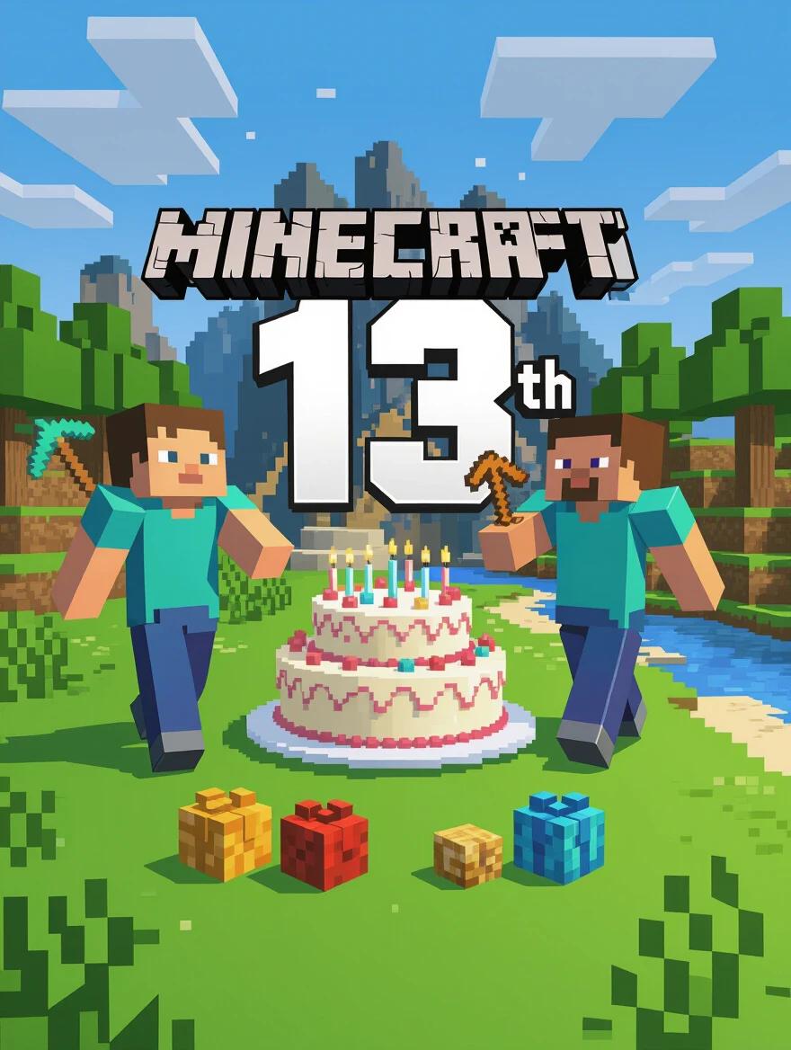 Celebration of Jarrett's 13th birthday in a Minecraft world featuring a birthday cake mountains and two characters