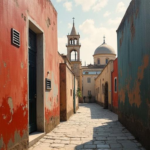 A Syrian cityscape featuring a church with a dome and a mosque. The scene captures a narrow alley with traditional buildings. Lush greenery adds charm to the environment. Warm colors dominate the structure and surroundings.