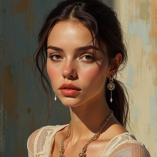 A close-up portrait of a young woman with a warm and elegant appearance. She has long dark hair and is wearing beautiful golden earrings. The background has soft, muted colors. Natural lighting renders her features delicately and artistically.