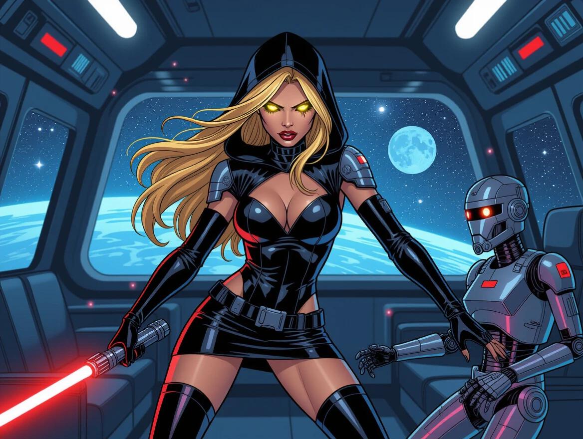 Attractive young woman has long blonde hair and bright yellow eyes. She wears a black latex top and miniskirt with hood and military boots. She carries a red lightsaber. Fighting a droid in spaceship cabin that shows space with stars and planet with two moons.