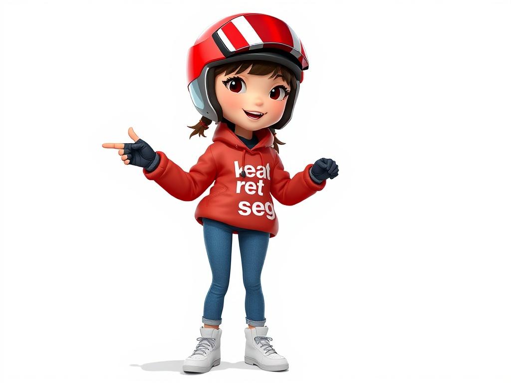 A cartoon girl in a red helmet and hoodie pointing enthusiastically.