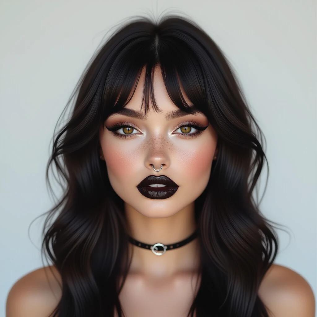 Realistic full-face portrait of a young gothic woman with a rounded face. She has plump lips with black lipstick. She has black eyes and long lashes, bold eyeliner, smoky eyeshadow. Pale, smooth skin with brown henna freckles on nose and cheeks. Wearing silver septum ring. Long dark hair flows freely, forehead visible. Centered portrait with soft lighting against a neutral background.