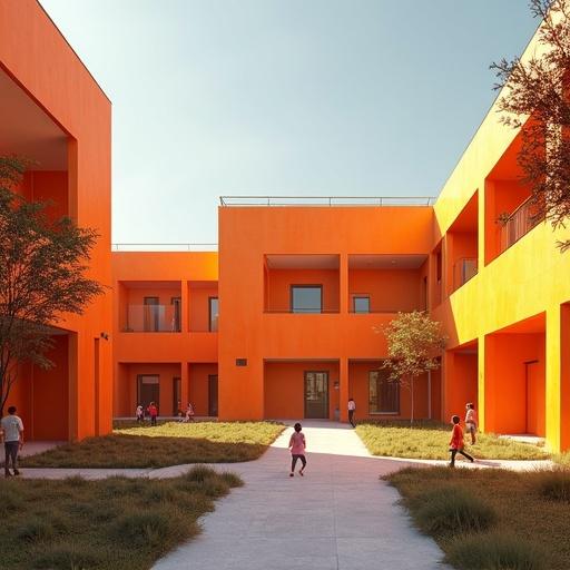Architectural visualization of a modern school building. Vibrant orange color dominates the structure. Children engage in playful activities. Morning light creates a lively atmosphere. Composition follows the rule of thirds, photo-realistic details.