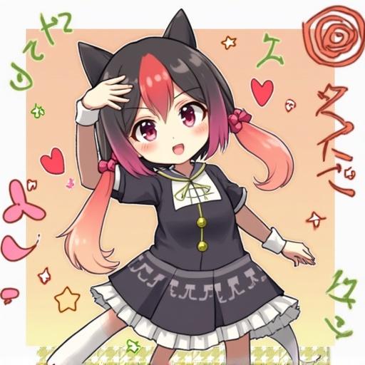 A cute Japanese high school girl with pink hair styled in pigtails wearing a school uniform. She has cat ears and is posing joyfully. The background is colorful and playful.