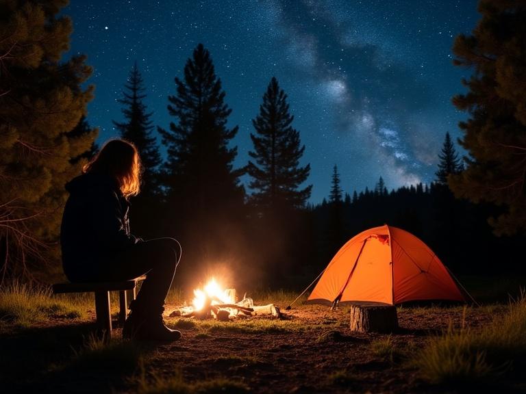 Photograph of a nighttime camping scene in a forest with a person sitting by a campfire. An orange tent is nearby. Tall pine trees and a starry sky are in the background. The Milky Way is visible. A peaceful and adventurous atmosphere is created.
