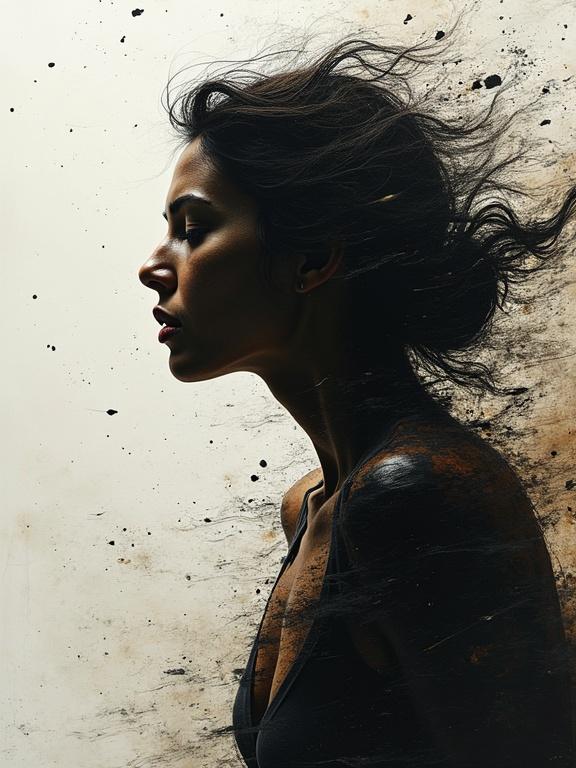 Kinetic rough digital oil painting depicting a woman's silhouette caught in motion with blurred lines and an extreme perspective. The silhouette appears to erode violently like corrupted images against a textured background.