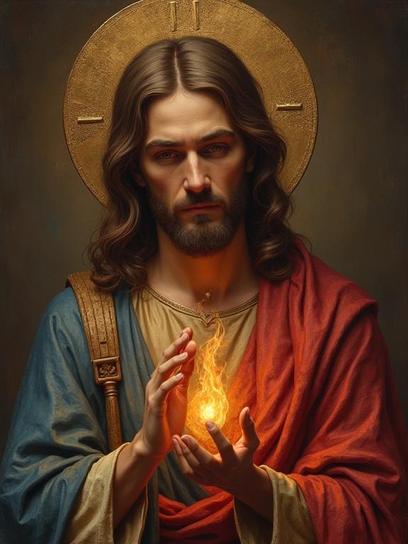 Artwork of Jesus Christ with a sacred expression. He holds a glowing flame in his hands. Background features a halo. Jesus wears traditional robes. Imagery conveys peace and divinity.