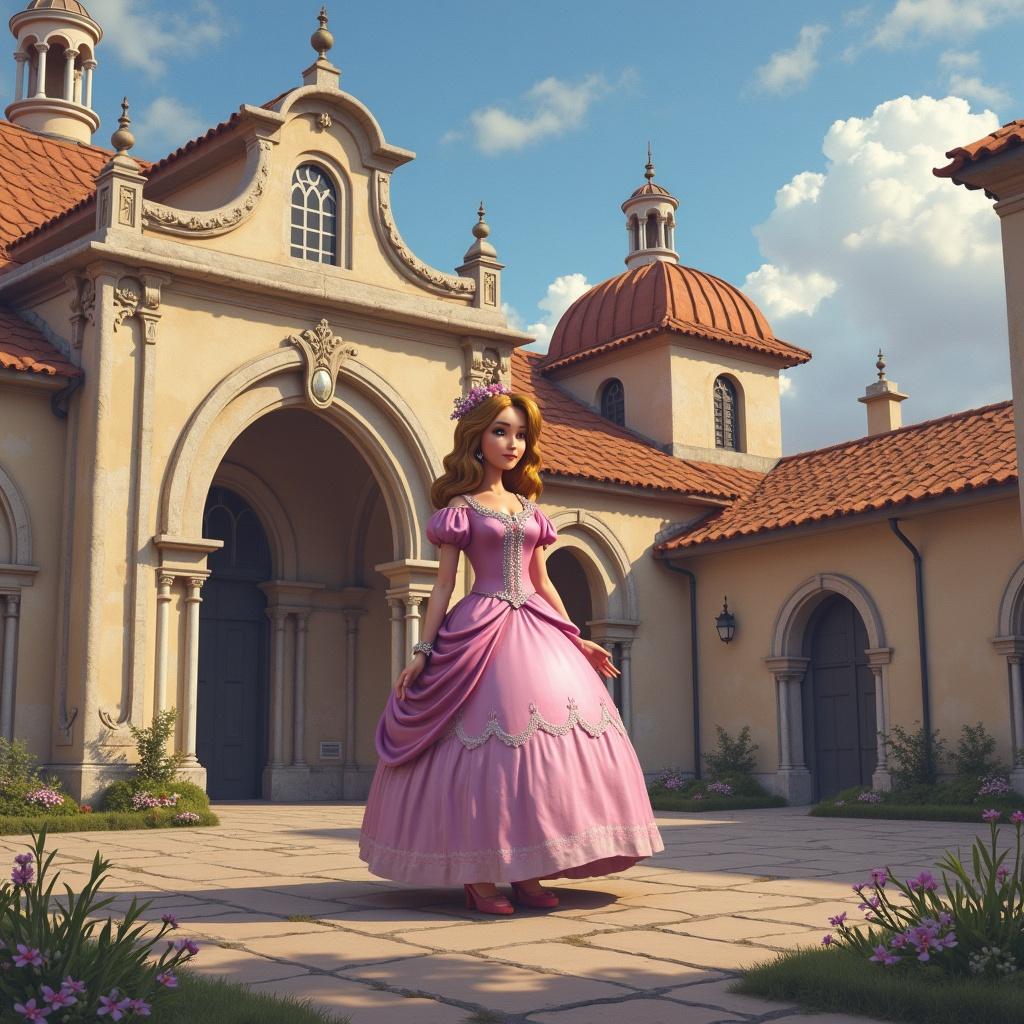 A princess named Sofia walks gracefully in a beautifully designed courtyard. She wears a lovely pink gown adorned with delicate details. The stunning architectural backdrop features grand arches and terracotta rooftops. Surrounded by blooming flowers, the bright sky enhances the enchanting atmosphere. This scene captures a perfect blend of elegance and magic, making it ideal for children's stories or animations.