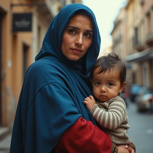 Realistic portrait of a young Middle Eastern mother holding her child. Urban background with ruins. Cinematic atmosphere with traditional clothes in blue and red. Intense yet peaceful expressions. Natural light highlights features. Well-defined hands and proportional fingers. Balanced composition with editorial quality.