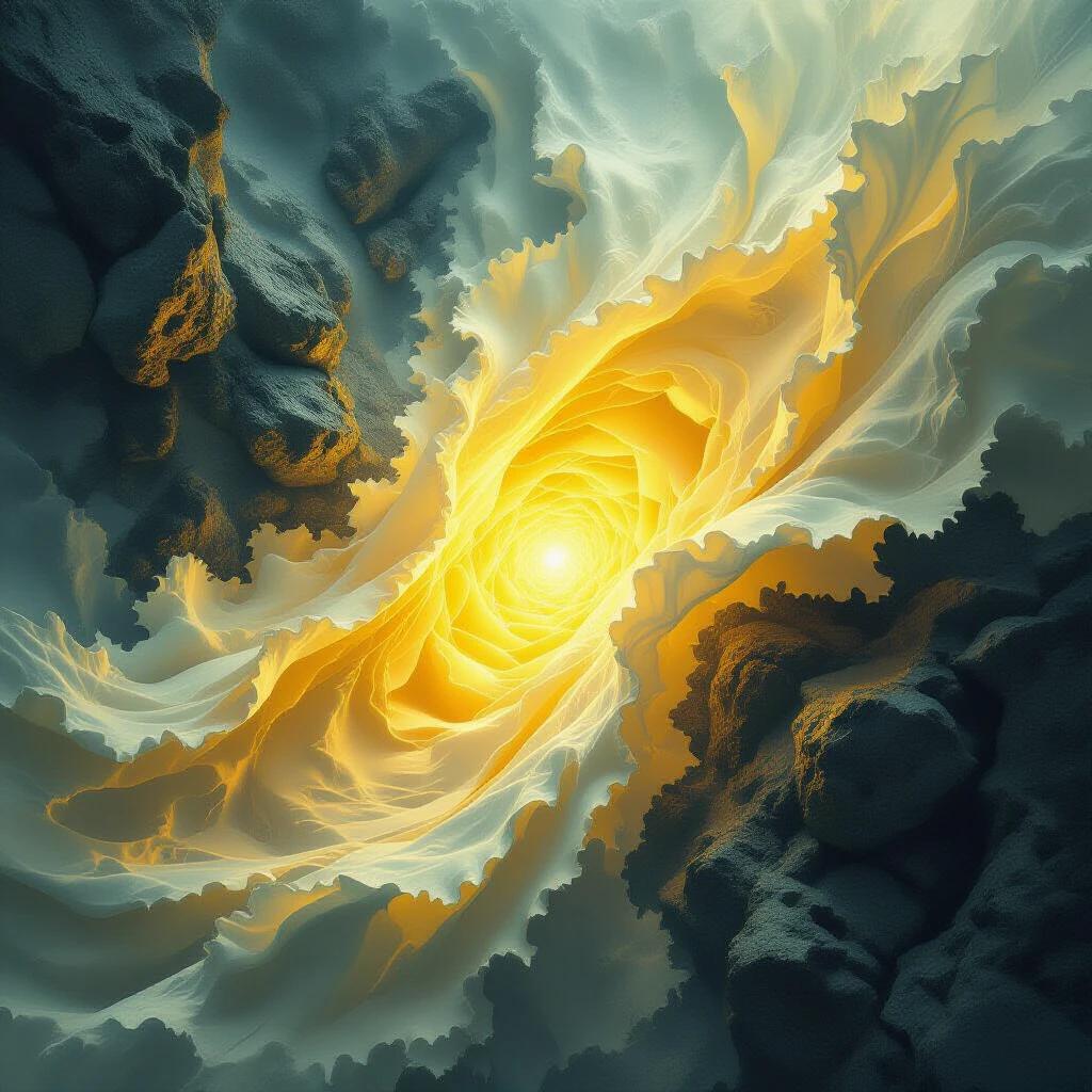 Abstract image of a glowing yellow spiral. Soft folds and curves surround the spiral. The concept of bending reality and gravity is illustrated. Dramatic contrast of light and shadows. Dense textures create depth.