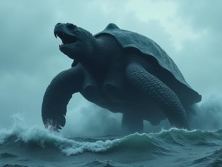 A dark cinematic scene featuring a massive turtle silhouette rising from a stormy ocean. The turtle has a dark greyish blue color with a thick, textured shell and two large tusks. Huge waves crash around it, with mist and rain swirling in the atmosphere. The scene captures an epic scale and realism, highlighting details like the ocean foam and stormy clouds.