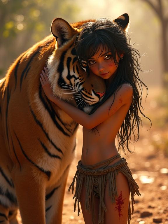 Close up of a beautiful young woman with flowing hair hugging a big tiger. She has an injured bleeding shoulder. Cinematic lighting creates a warm atmosphere. The scene suggests friendship between the character and the tiger.