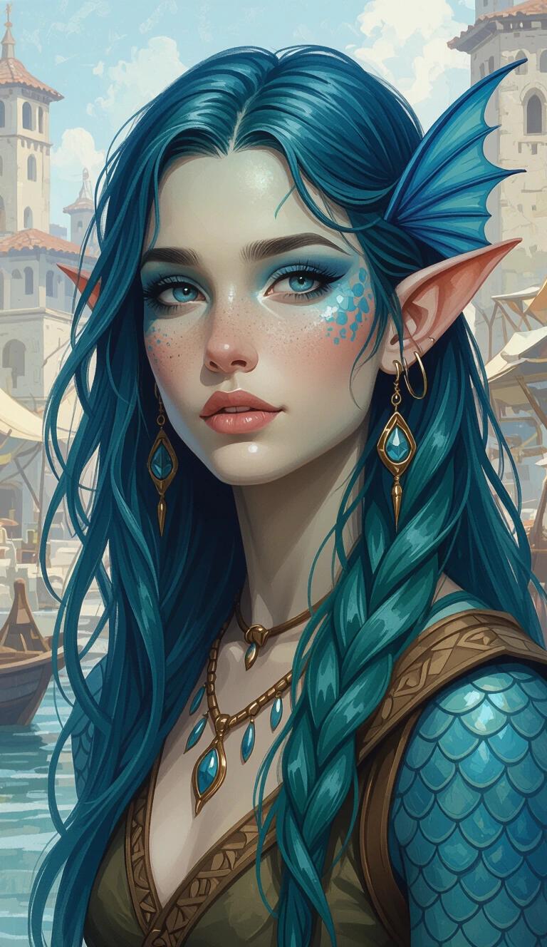 Oil painting style illustration. Candid portrait of a young druidic fish-girl. Sharp finned ears with blue colored skin. Fish scaled skin. Harsh ancient Therosian fantasy port city background. Wearing Theros fantasy clothing. Celestial druid theme. Long slicked-back green-blue hair and blue fish scaly skin.