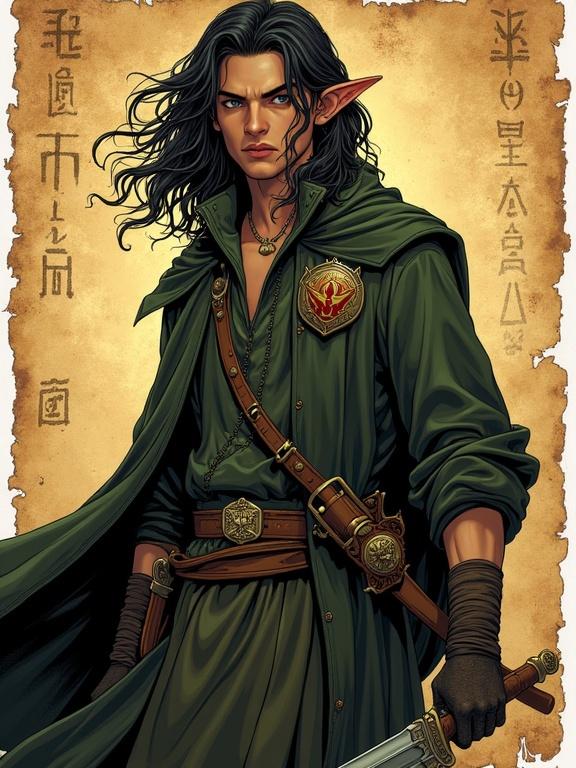 Digital illustration of a young man with pointed ears and long black hair. He wears a dark olive cloak over a ranger outfit. Two short swords are sheathed at his side. An investigator badge hangs on his cloak. The background features an ancient papyrus with mystical runes. The lighting is soft and warm with dramatic shadows. The art style is realistic with attention to detail.