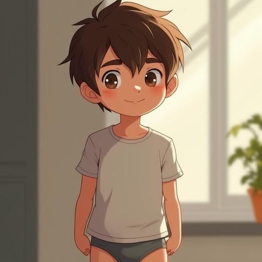 Human boy with youthful features. He has short brown hair, a simple t-shirt, and grey briefs. The setting suggests a cozy interior with soft lighting.