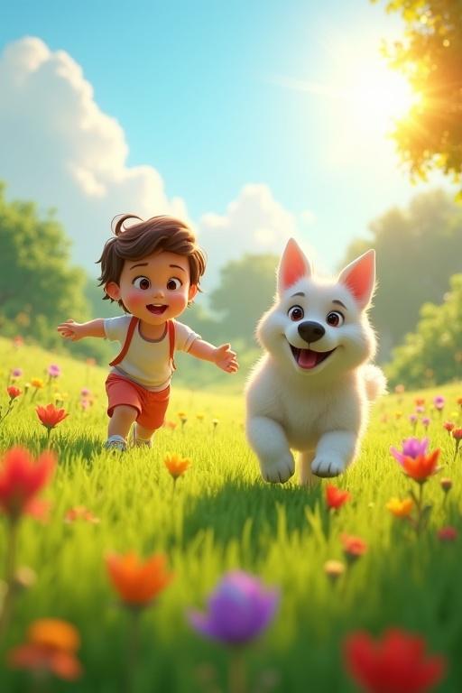 A vibrant ultra-HD 4K 3D animated scene in a lush sunlit park during the morning. A joyful child runs through green grass and colorful wildflowers playing with a lively white dog. The dog chases the child with sparkling eyes. The scene bursts with bright colors and a gentle breeze animates the dog’s fur. The background features a clear blue sky with fluffy white clouds and distant trees. The lighting is crisp and radiant with a soft lens flare.