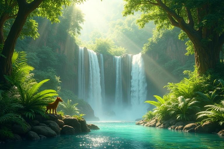 A vibrant rainforest with sparkling waterfalls. Lush ferns surround blue water. Sunlight filters through dense trees creating shadows. A small animal stands on the rocks. The scene is hyper-realistic with vivid colors and textures.