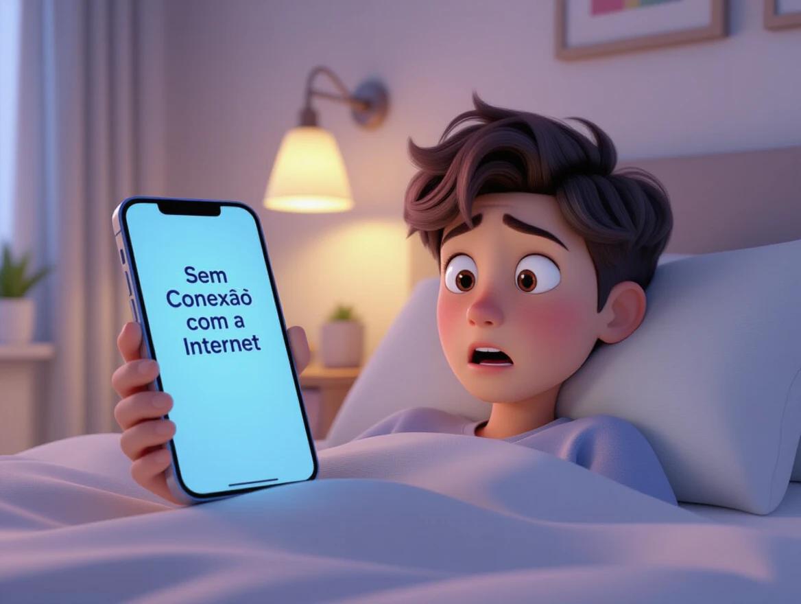 3D cartoon scene showing young person waking up in bed. Young person looks at smartphone with confused expression. Smartphone screen shows text in Portuguese. The room is modern and colorful with soft lighting. Background elements are slightly blurred. Emotion is surprise and frustration. Detailed cartoon style.