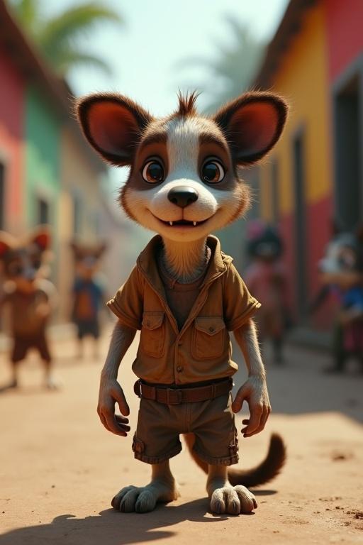 Close-up ultra-HD cinematic scene featuring Tuku a puppy with patchy fur. Tuku wears a ragged brown shirt and torn pants. His body shivers and eyes reflect hunger but show resilience. Blurred village background with colorful houses and animals in outfits. Bright muted colors for Tuku contrast with village hues. Cinematic lighting with shadows emphasizing emotions.
