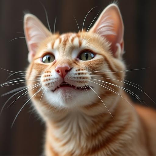 A smiling orange cat is seen up close with soft lighting. The cat's fur is bright and vibrant, showcasing its joyful expression.
