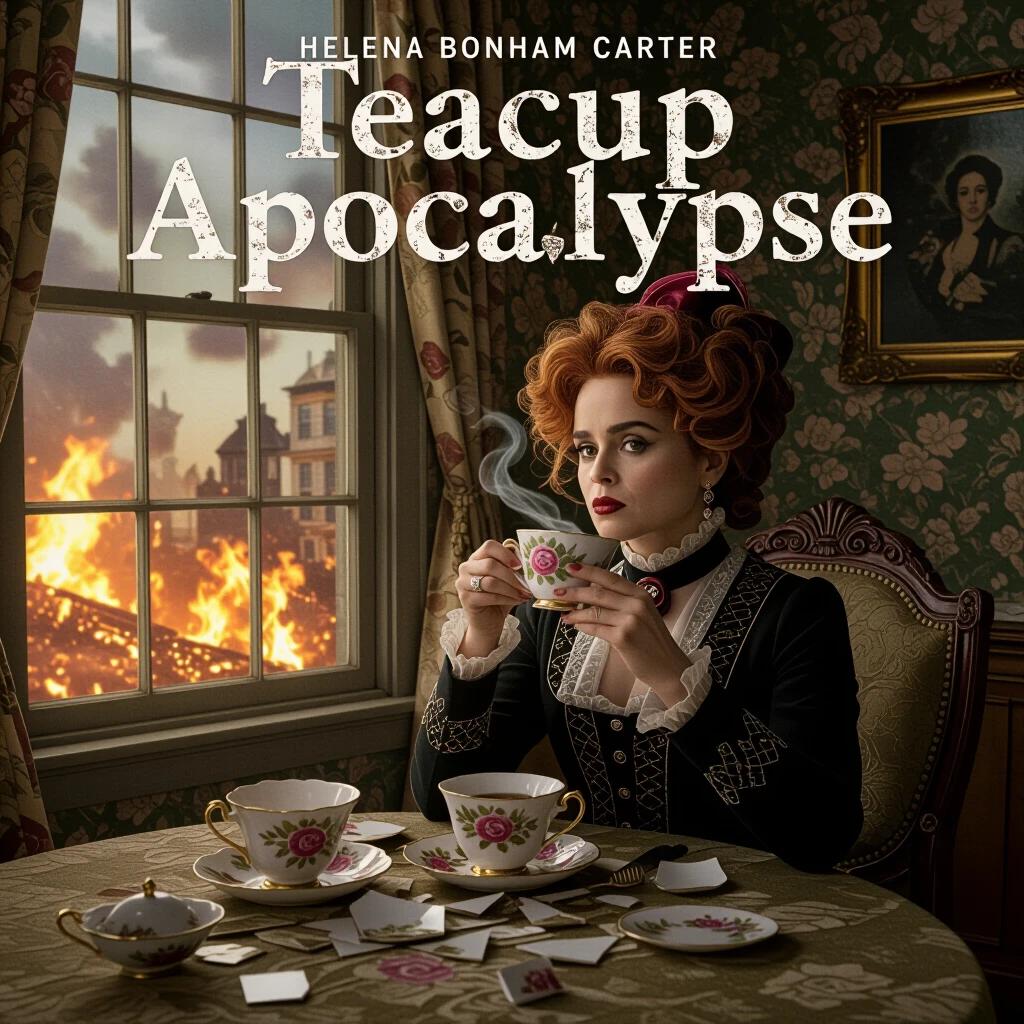 Movie poster design featuring Helena Bonham Carter in a Victorian setting. She calmly sips tea in a shattered parlor. Outside the window, a world is burning. The title 'Teacup Apocalypse' is displayed in Delicate Victorian serif against broken porcelain. The scene captures surreal domestic chaos with dramatic side lighting highlighting the flames.
