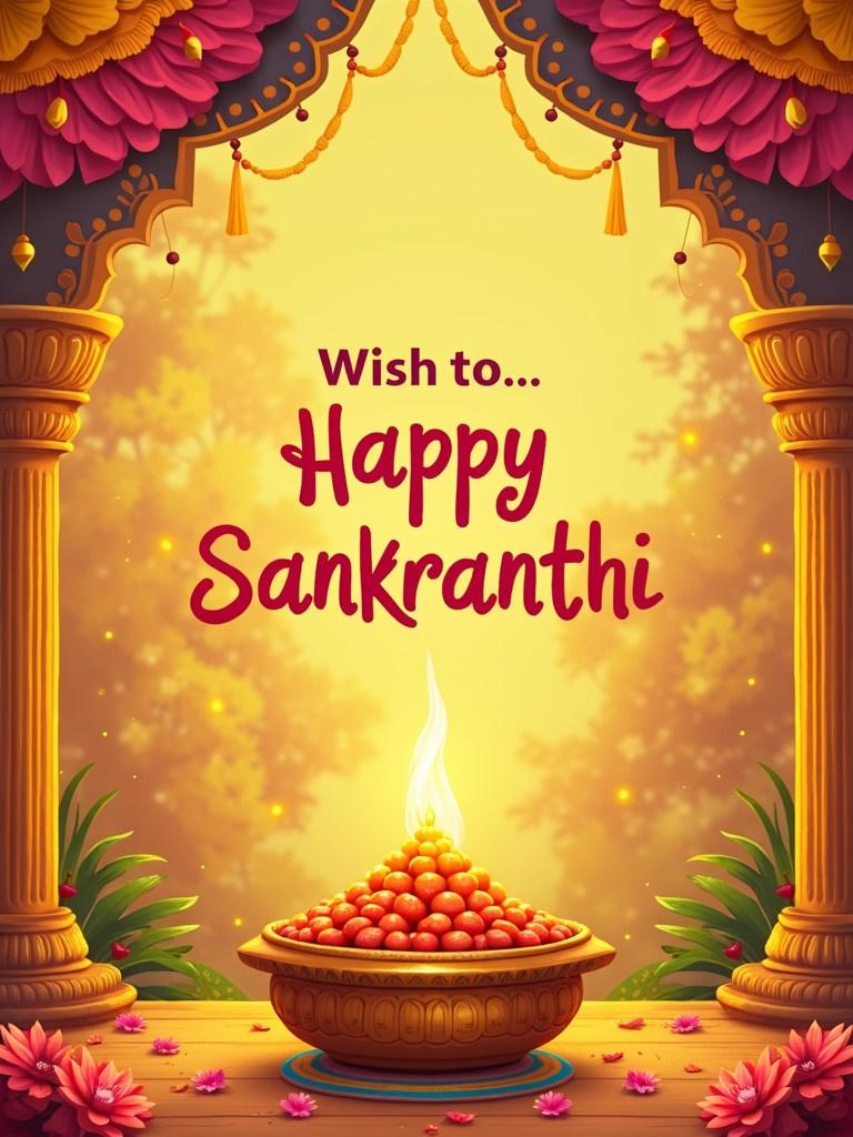 A festive Sankranthi wishes image featuring a decorated bowl of sweets with a flame. A warm and vibrant backdrop signifies a joyful celebration. Text on the image says 'Happy Sankranthi'.