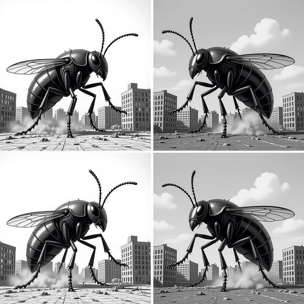 Four panels show a giant insect in a suit causing destruction in an urban setting. Each panel features a black and white drawing style. The insect is realistic and menacing. The buildings appear to be collapsing. The overall atmosphere conveys a mix of humor and chaos.