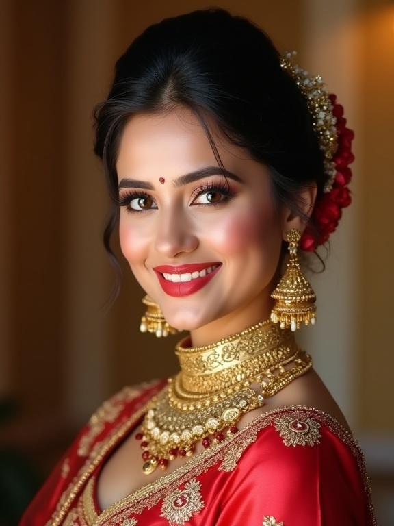 A UHD portrait of a 20-year-old Assamese woman in bridal attire. She has a curvy figure and elegant posture. Soft brunette hair styled in a classic updo with wedding accessories. Vibrant makeup, glowing skin, expressive eyes. Wearing a red and gold Mekhela Sador and traditional jewelry. Background is softly blurred with warm tones.