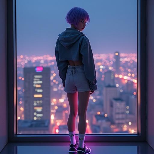 CGI render of a young woman with short violet hair wearing a crop cargo jacket and sport shorts. She stands with legs crossed and arms behind her back. The setting is a high floor window showing a night city view. Dim, cinematic light creates an atmospheric feel.