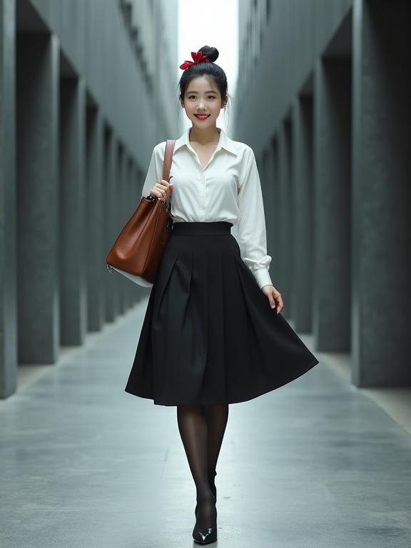 A full-body image features an East Asian female agent. She moves gracefully between corridors of an open air building with dark-grey walls. She wears smooth black pantyhose and black closed-toe heels with ankle-strap and low block heels. The outfit includes a crisp white blouse and a black knee-length skirt. A brown satchel is slung diagonally over her figure. Neatly bunned black hair has a cute red bow. Simple yet elegant makeup shows red lips curving into a smile. The soft background lighting creates a modern ambiance.