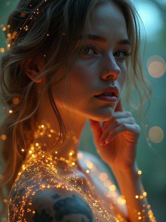 A hyperrealistic portrait of a woman with bioluminescent tattoos. Her hair flows in waves with shimmering gold. The background features a bokeh effect. The style reflects Artgerm and Alphonse Mucha with surreal elements.
